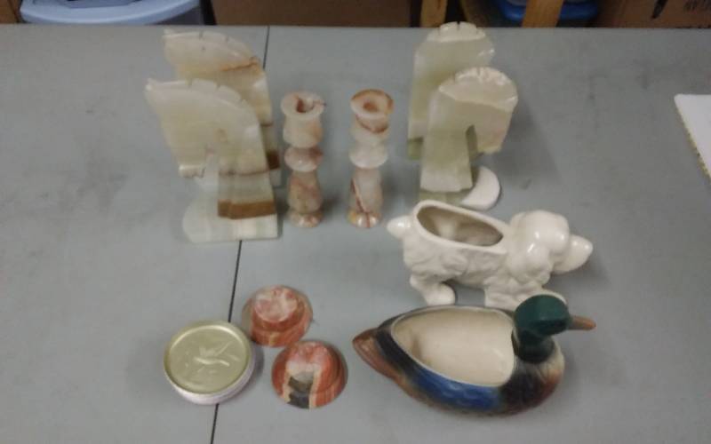 lot 49 image: Lot Of Stoneware Book Ends, Candle Holders, Dishes, Vintage Planters, Langaberger Pottery
