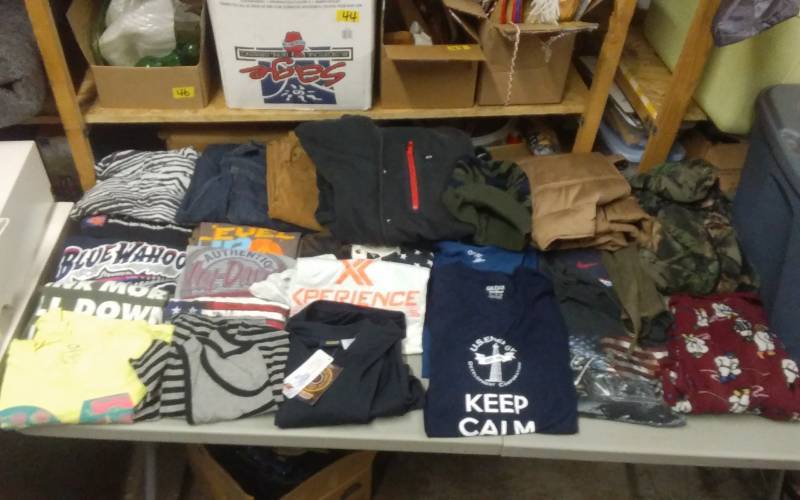 lot 65 image: Large Lot Tote Bin With Lid Mens Clothing
