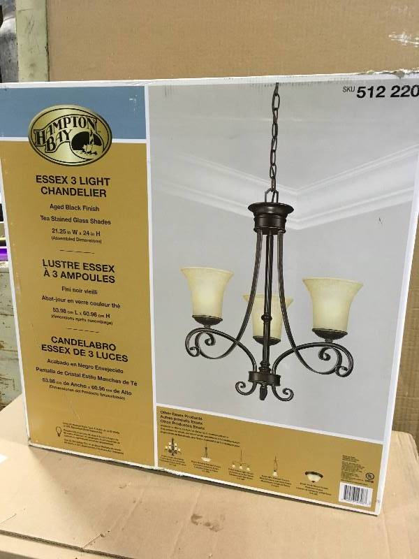 lot 1 image: Essex 3-Light Aged Black Chandelier with Tea Stained Glass Shades not used
