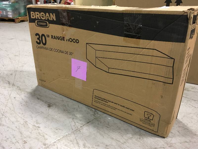lot 7 image: Broan 42000 Series 30 in. Under Cabinet Range Hood with Light in Stainless Steel not used