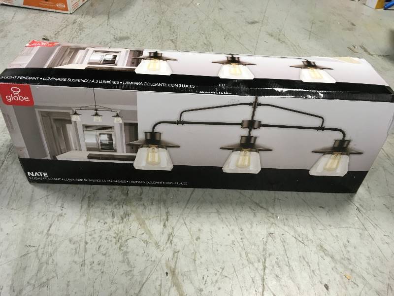lot 13 image: Globe Electric 3-Light Oil Rubbed Bronze and Glass Vintage Pendant  in good condition