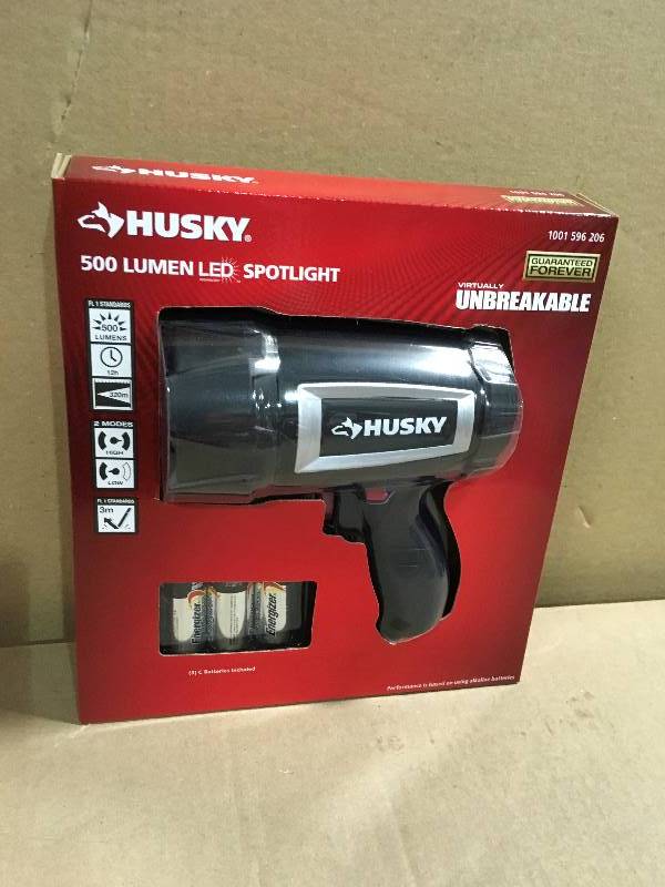 lot 20 image: HUSKY 500 Lumen LED SPOTLIGHT 1001 596 206 Virtually Unbreakable WITH BATTERIES not used