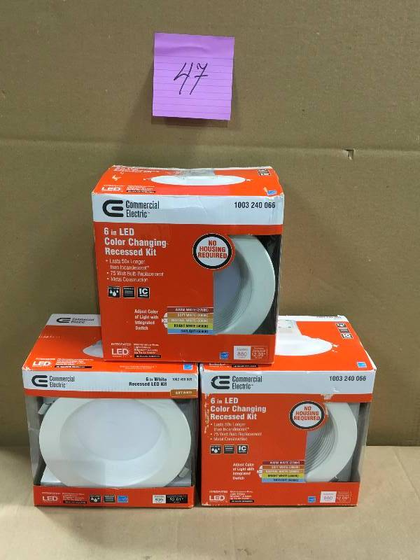 lot 47 image: Lot of 3 Commercial Electric Easy-Up 6 in. Deep Baffle Color Selectable Canless LED Recessed Kit  in good condition
