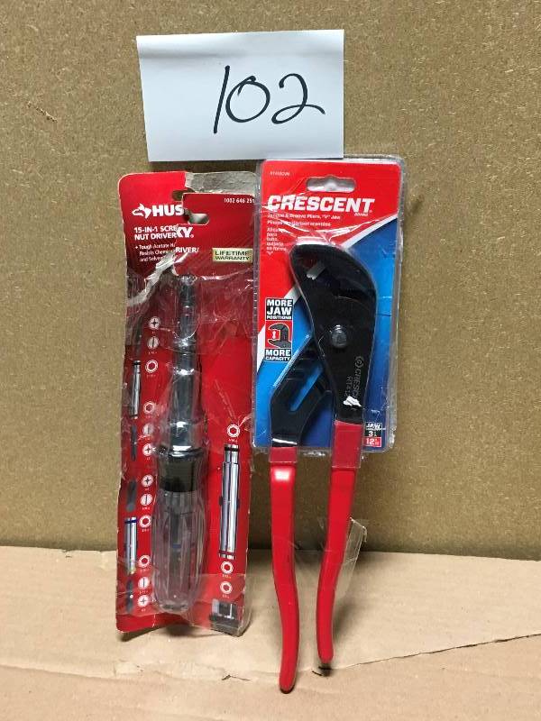 lot 102 image: Crescent 12 in. Tongue and Groove V-Jaw Plier & Husky 15-in-1 ScrewdriverNut Driver  in good condition