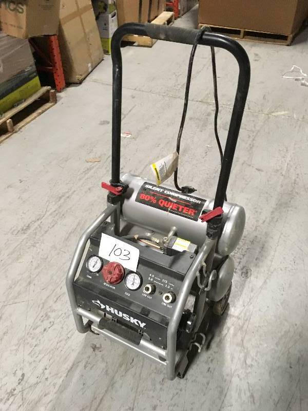 lot 103 image: Husky 4.5 Gal. Portable Electric-Powered Silent Air Compressor  in good condition