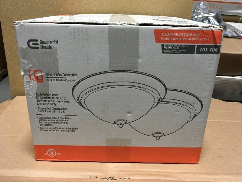 lot 121 image: Commercial Electric 13 in. 2-Light Brushed Nickel Flush Mount with Frosted Glass Shade (2-Pack)  in good condition