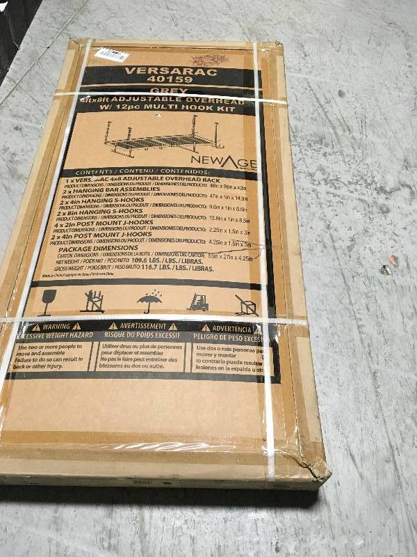 lot 136 image: NewAge Products VersaRac 42 in. H x 48 in. W x 96 in. D Adjustable Height Garage Ceiling Mounted Storage Unit in Gray w12-Piece Hooks  in good condition