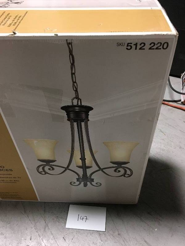 lot 147 image: Essex 3-Light Aged Black Chandelier with Tea Stained Glass Shades  in good condition