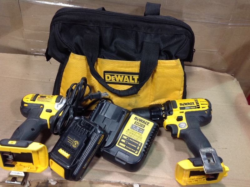 lot 161 image: DEWALT 20V MAX Cordless Lithium-Ion DrillDriver and Impact Driver Combo Kit - 1 Battery , Charger, Bag in good working conditions