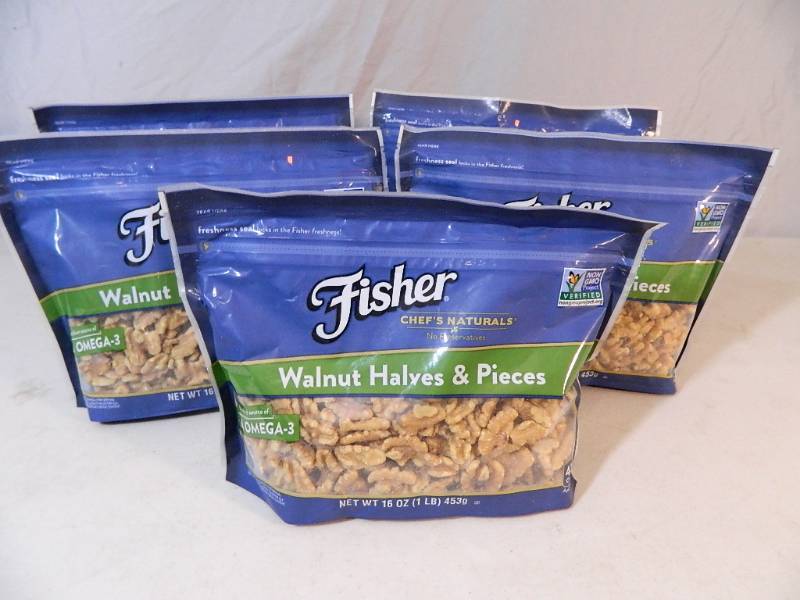 lot 37 image: 5 New Bags of Fisher Walnut Halves and Pieces