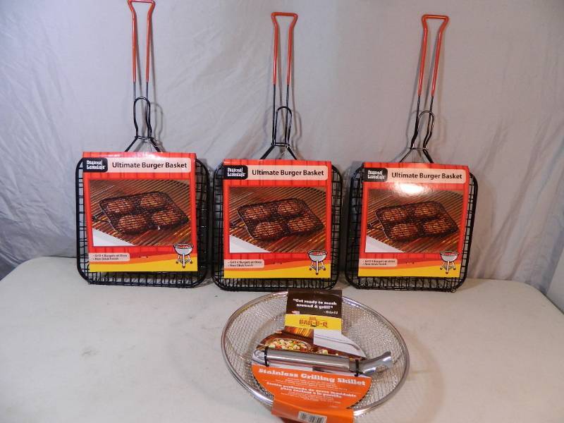 lot 149 image: 3 New Ultimate Burger Baskets and New Stainless Grilling Skillet