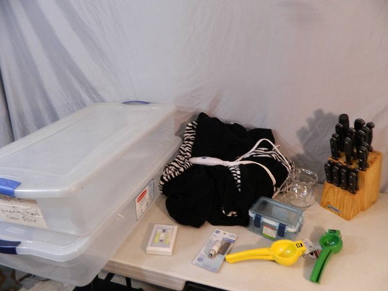 lot 209 image: 2 Totes, Knife Set, Blanket, and More