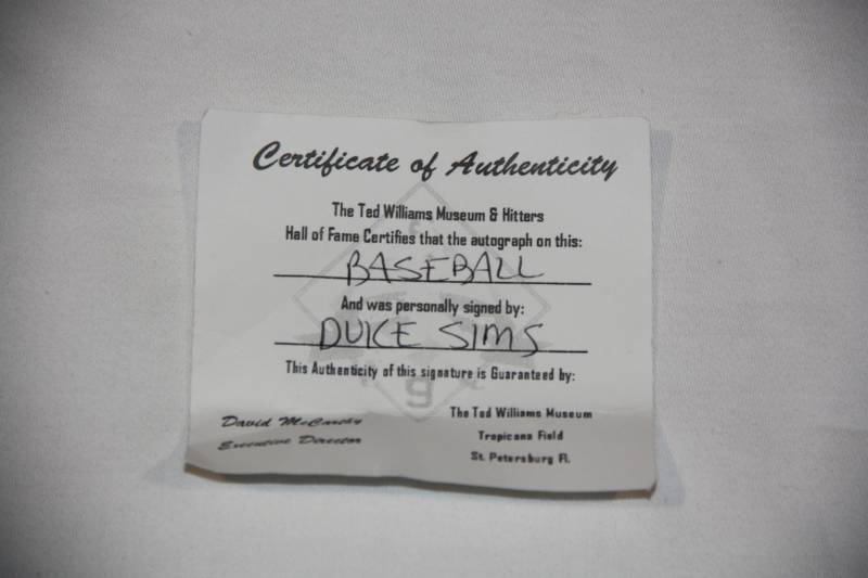 lot 12 image: Duke Sims Single Signed Baseball Auto Ted Williams COA