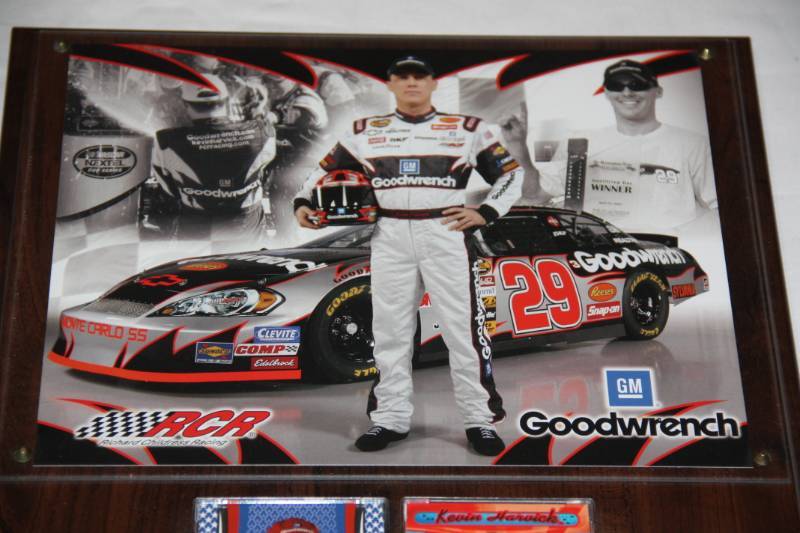 lot 58 image: Kevin Harvick Wooden Plaque with four cards