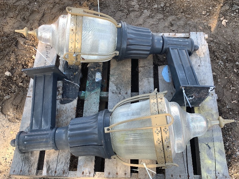 lot 2-B image: (2) VIntage Cast-Aluminum With Glass Globe Lights
