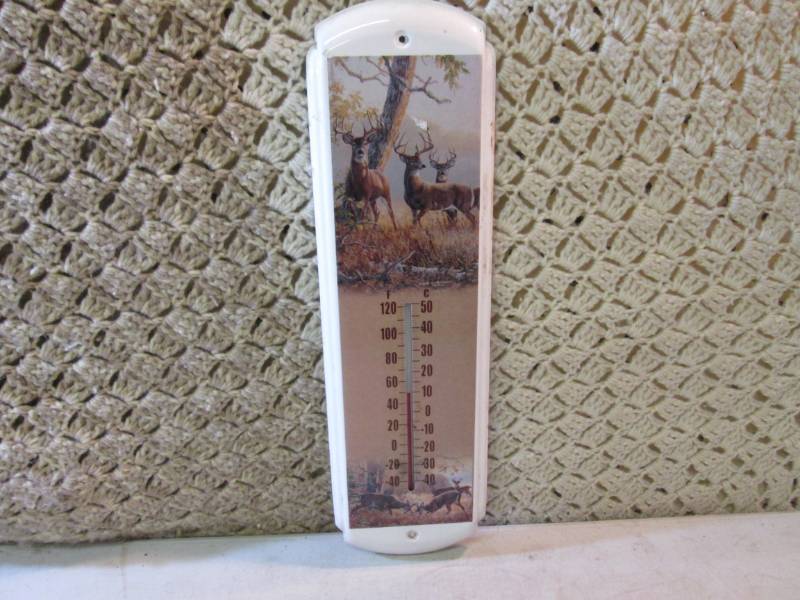 lot 75 image: Tin Thermometer with Deer 5 x 17 ...