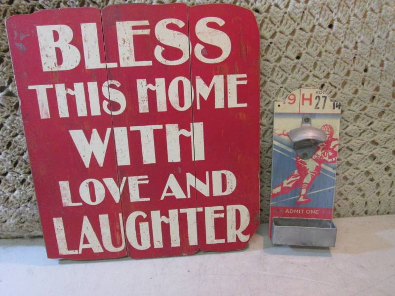 lot 96 image: Wood Wall Decor 15 x 17 and Bottl...