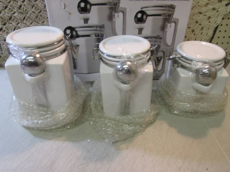lot 151 image: 3 Canisters with Handles Lids and S...