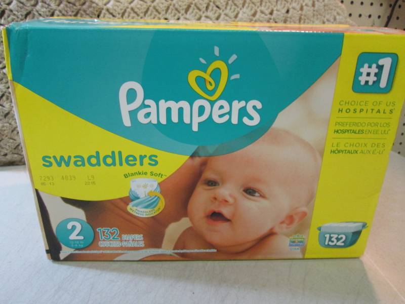 lot 162 image: Box of 132 Pampers Diapers for 12-1...