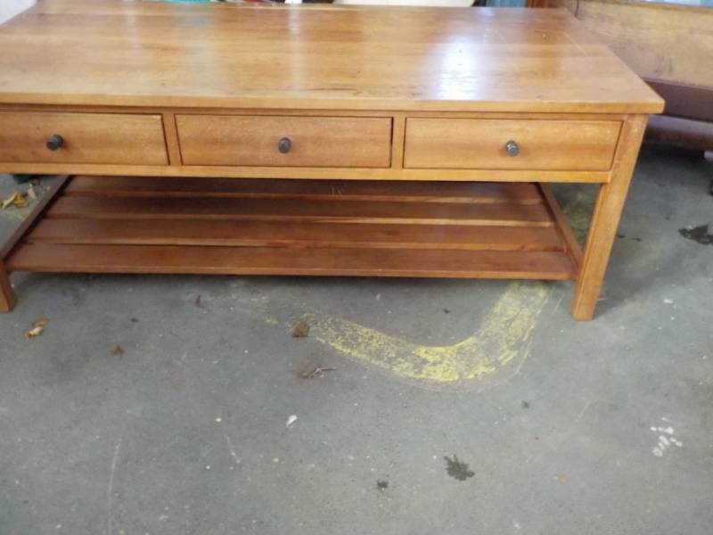 lot 129 image: 3 Drawer Wood Coffee Table 48 x 24 ...
