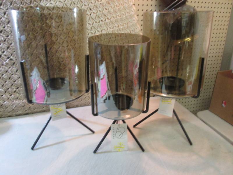 lot 1 image: Lot of 3 Glass Hurricanes with Meta...