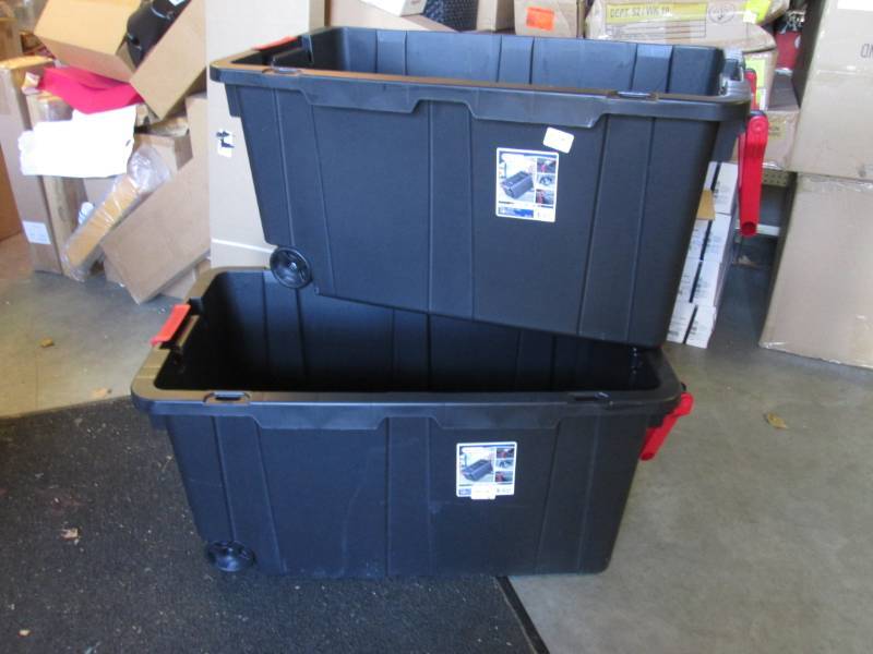 lot 66 image: 2 Sterilite 40 Gallon Totes with Wh...