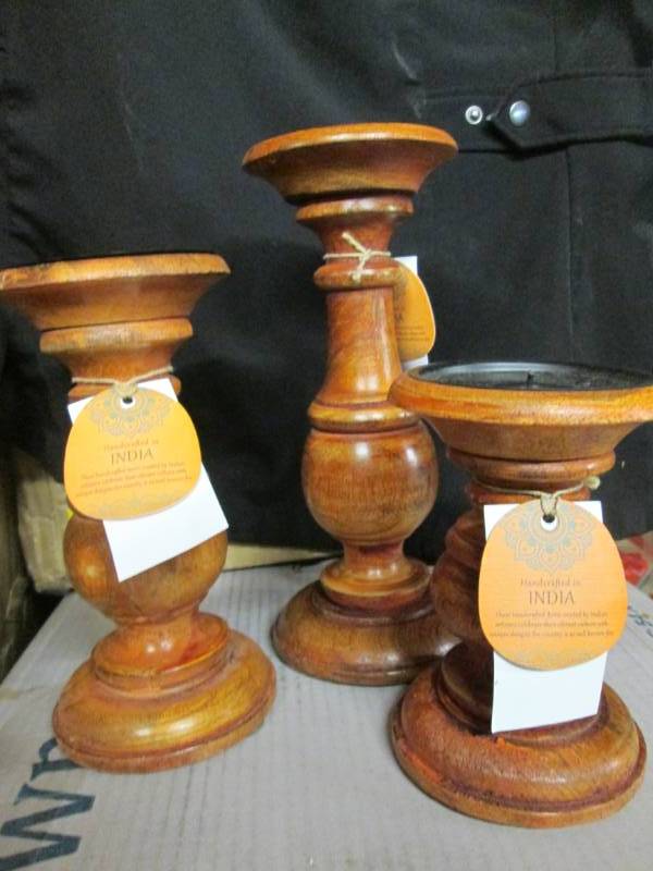 lot 161 image: 3pc. Wood Candlestick Set (Brown) ...