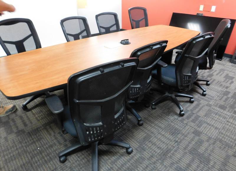 lot 17 image: Conference Room Table, Small Table, Cabinet, & 8 Chairs
