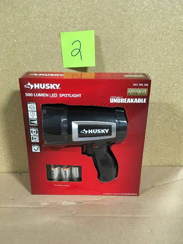 lot 2 image: HUSKY 500 Lumen LED SPOTLIGHT 1001 596 206 Virtually Unbreakable WITH BATTERIES