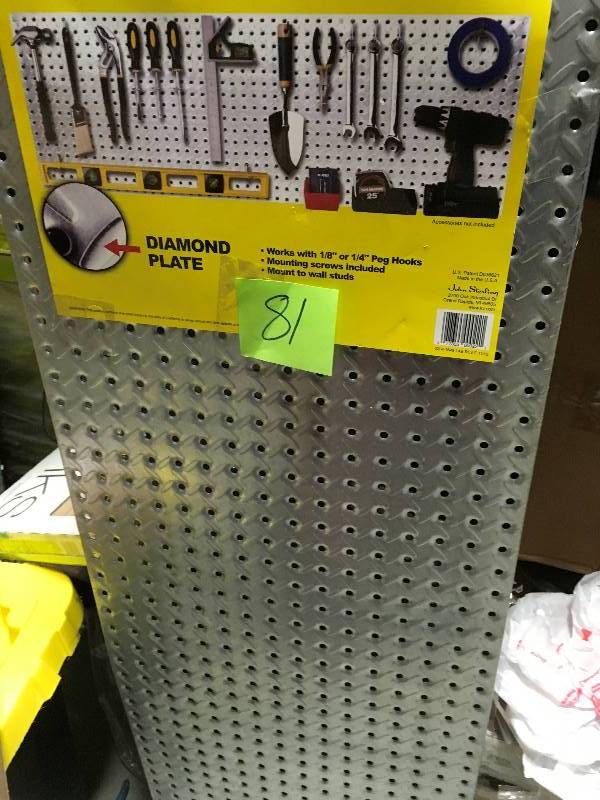 lot 81 image: Knape & Vogt 16 in. x 48 in. Diamond Plate Galvanized Steel Pegboard