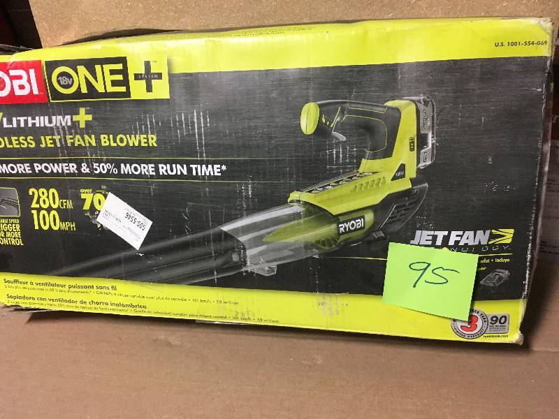lot 95 image: ONE 100 MPH 280 CFM Variable-Speed 18-Volt Lithium-Ion Cordless Jet Fan Leaf Blower 4Ah Battery and Charger Included