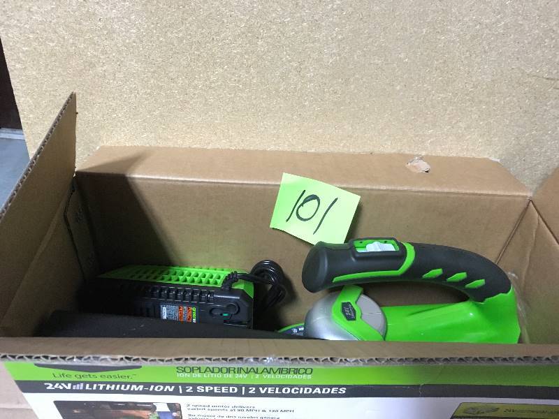 lot 101 image: Greenworks G-24 130 MPH 135 CFM 24-Volt Cordless Handheld Leaf Blower - Battery and Charger Included
