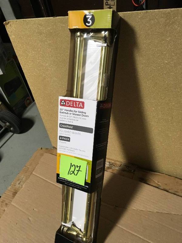 lot 127 image: Delta SDBR003-PB-R Crestfield 20 in. Handles for Sliding Shower or Bathtub Door in Polished Brass
