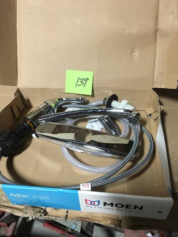 lot 139 image: MOEN Adler Single-Handle Low Arc Standard Kitchen Faucet with Side Sprayer in Chrome