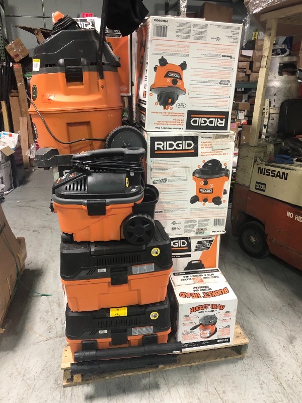 lot 157 image: Pallet with assorted Ridgid WetDry Vacuums - Warehouse clean out sale- items have not been tested customer returns some missing pieces review pictures