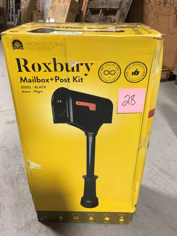 lot 28 image: Roxbury Black Steel Post Mount Mailbox and Premium Steel Post Combo