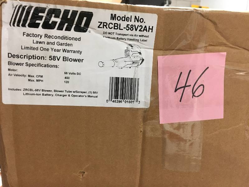 lot 46 image: ECHO Reconditioned 120 MPH 450 CFM 58-Volt Lithium-Ion Brushless Cordless Leaf Blower - 2.0 Ah Battery and Charger Included