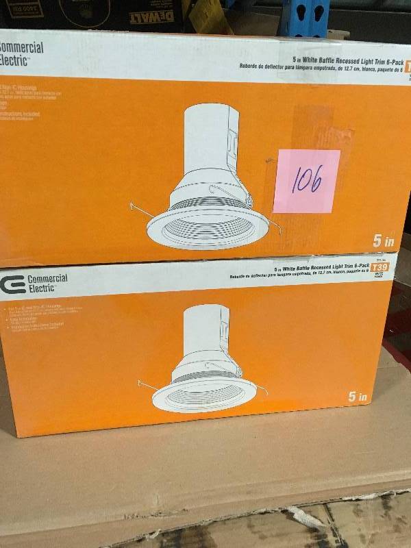 lot 106 image: (2 packs of 6) Commercial Electric 5 in. White Recessed Baffle Trim 