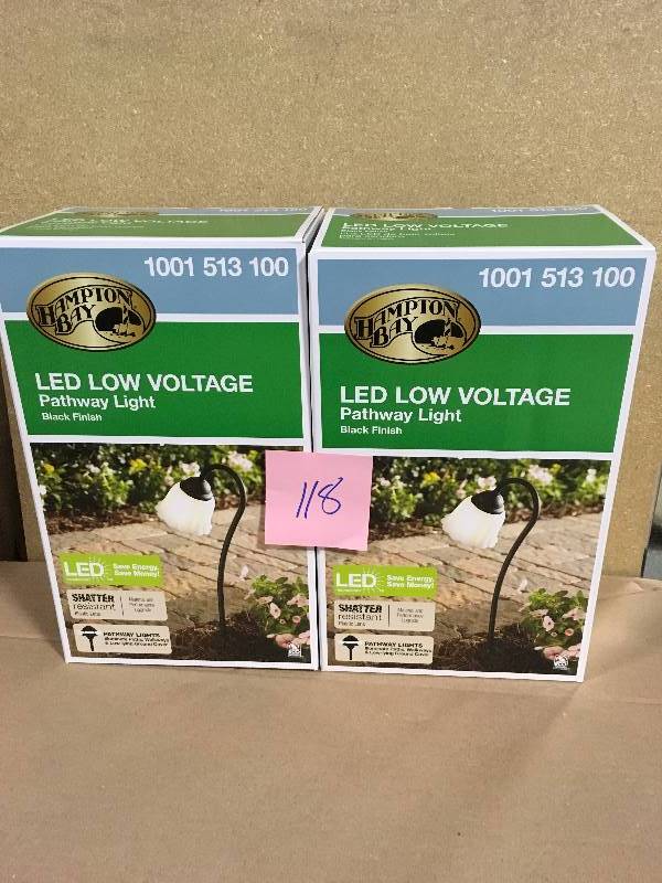 lot 118 image: (2-Pack) Hampton Bay Low-Voltage Black Outdoor Integrated LED Black Landscape Path Light with White Tulip Shade