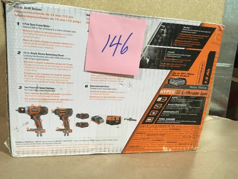 lot 146 image: RIDGID 18-Volt Lithium-Ion Cordless DrillDriver and Impact Driver 2-Tool Combo Kit with (2) 1.5 Ah Batteries, Charger, and Bag