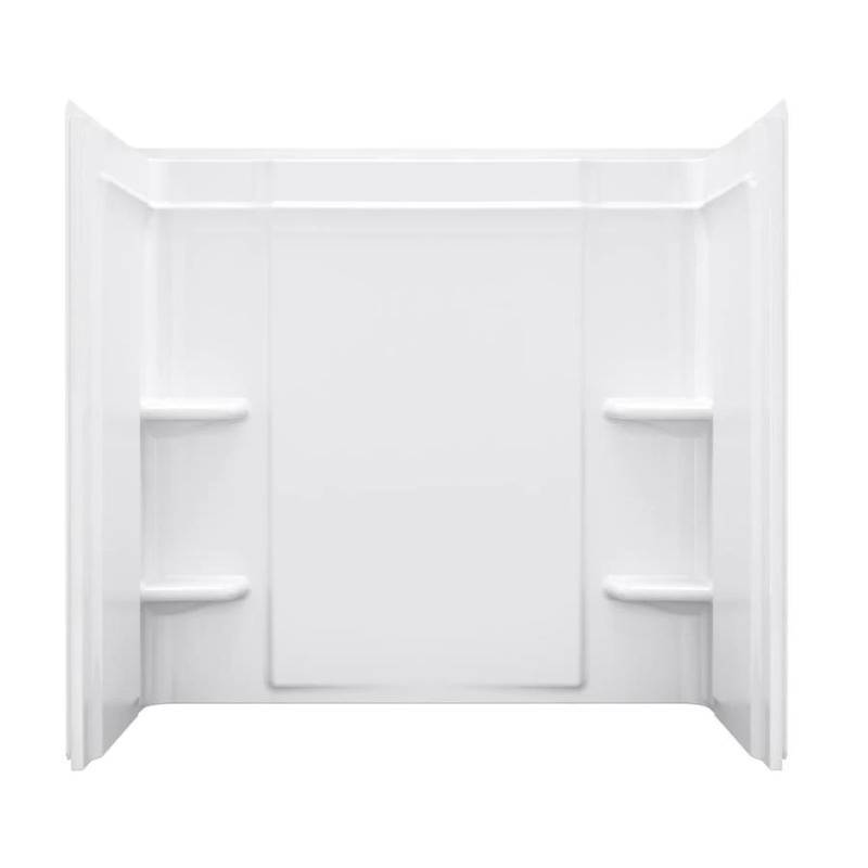 lot 150 image: Sterling Medley White Vikrell Bathtub Wall Surround 56 34 x 30 x 60,  71374800-0. Very Small Crack in Lip of One Side Wall. Probably would be covered once installed.