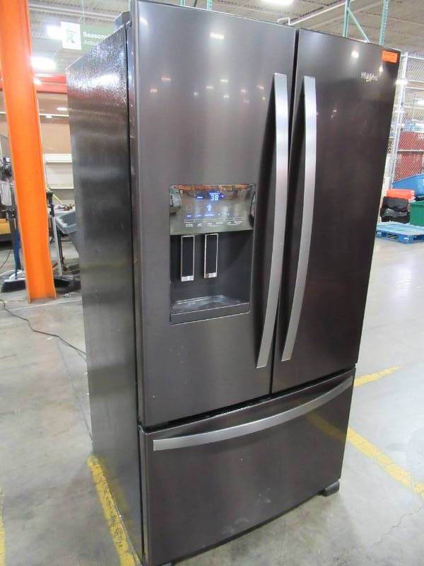 lot 5 image: SLIGHTLY USED WHIRLPOOL 36 in. W 25 cu. ft. French Door Refrigerator in Fingerprint Resistant Black Stainless, WRF555SDHV