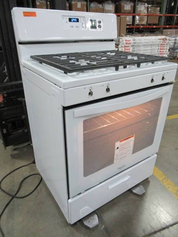 lot 10 image: Whirlpool Freestanding 5.1-cu ft Gas Range (White) 30 WFG320M0BW - Missing Shelf, 2 Flame caps and Knobs