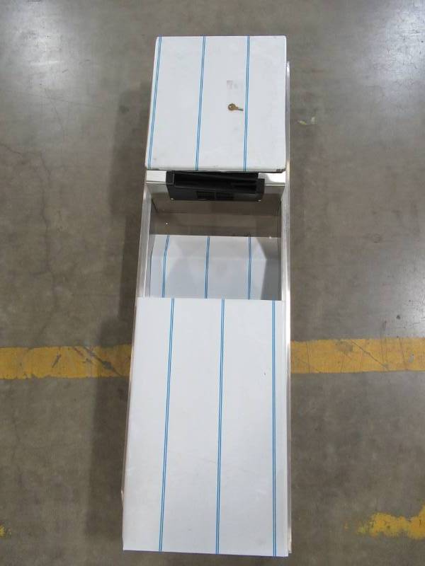 lot 18A image: Bobrick B-3974 ClassicSeries Recessed Automatic Paper Towel Dispenser and Waste Receptacle - Gray with Blue Stripes.
