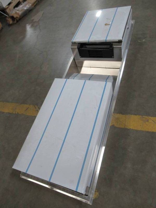 lot 19 image: Bobrick B-3974 ClassicSeries Recessed Automatic Paper Towel Dispenser and Waste Receptacle - Gray with Blue Stripes.