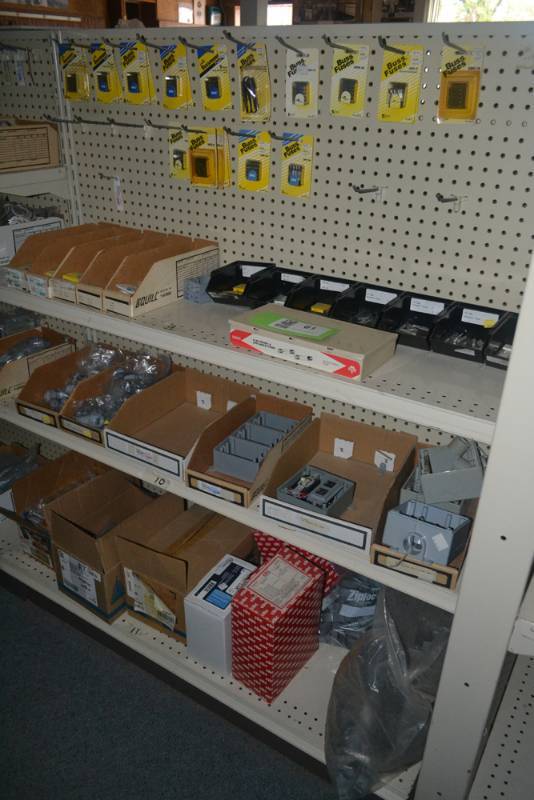 lot 61 image: Contents of Shelves 9,10,11  - Plastic Conduit Boxes, Fuse Inventory and More