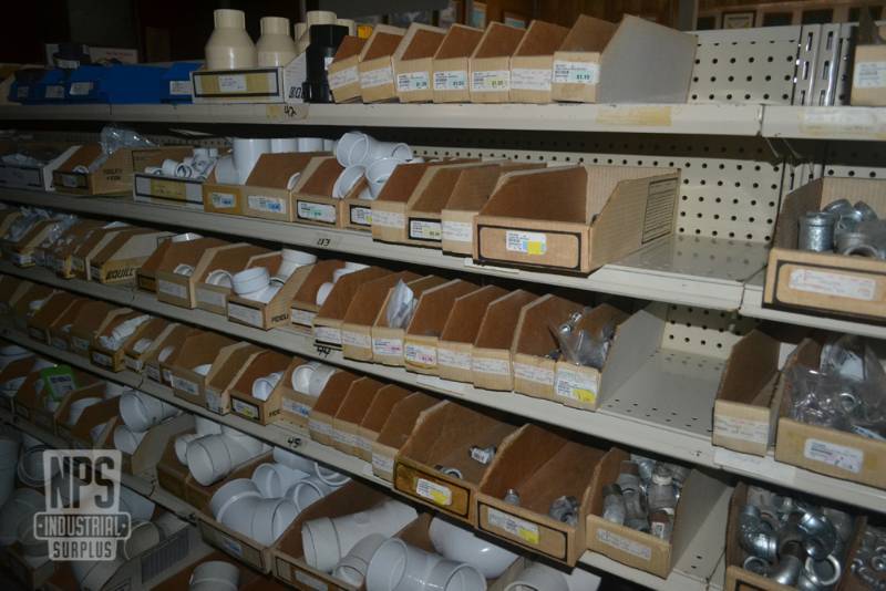 lot 74 image: Contents of Shelf 42,43,44,45  - Galvanized and PVC Pipe Fittings