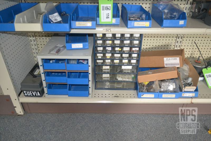 lot 117 image: Contents of Shelf 146 - Toolbox, Springs, Parts Organizers, Galvanized Pipe and More