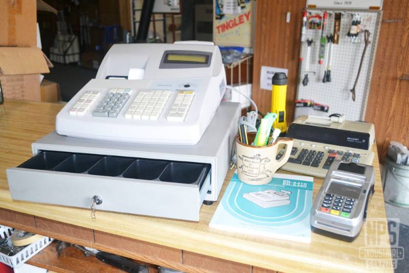 lot 100 image: Sharp Cash Register, Credit Card Machine and Other Office Supplies