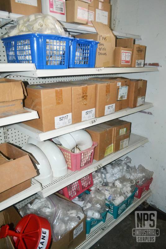 lot 148 image: Contents of Shelf 210,211,212,213,214  - Inventory of PVC Pipe and Related